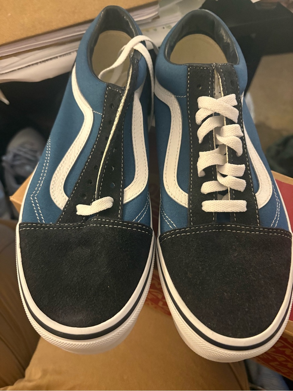 Vans Blue and Black Low-Top Skate Shoes with White Sidestripe